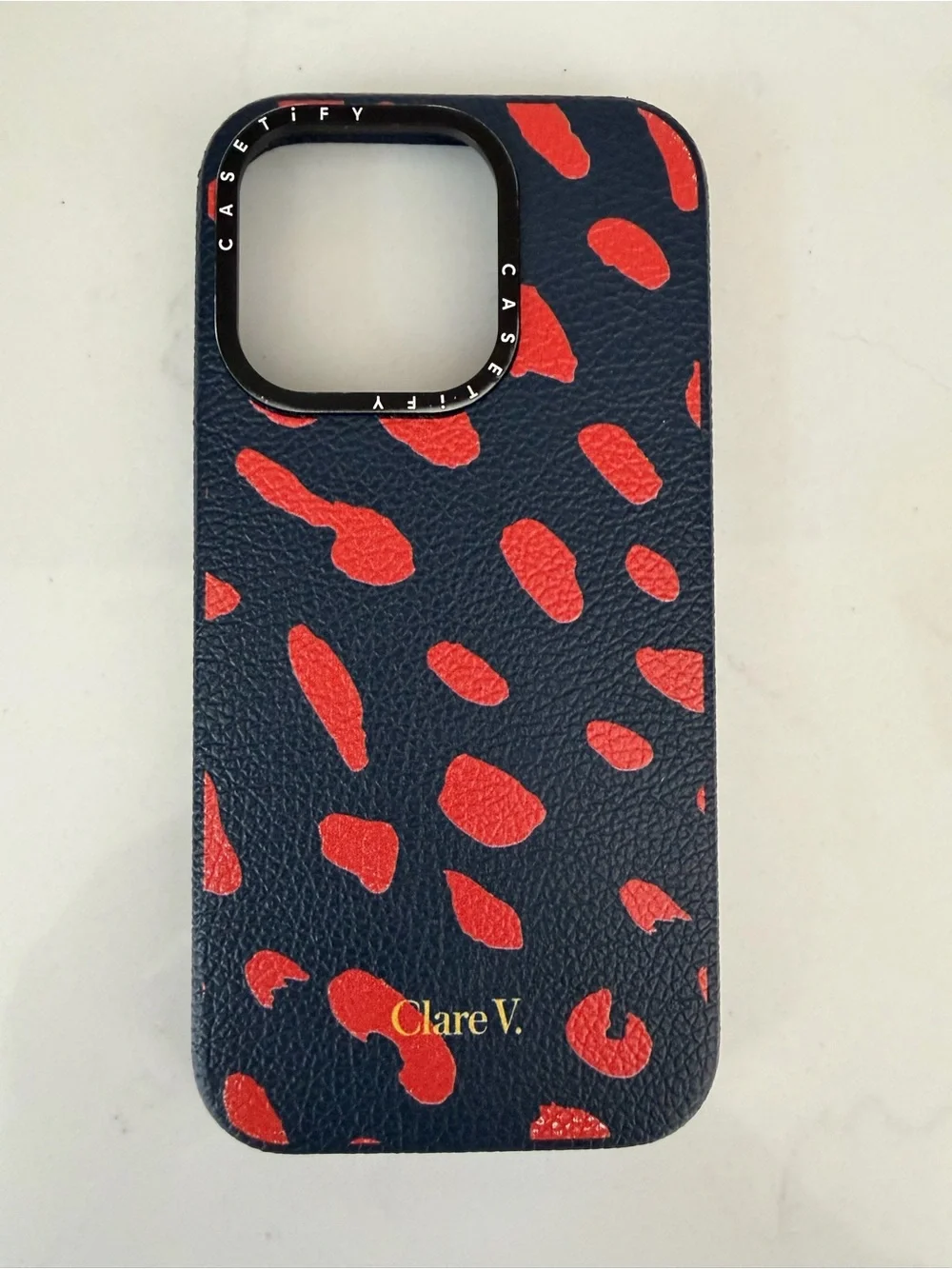 Clare V. x Casetify Navy with Poppy Jaguar Print Leather iPhone 15 Pro Case